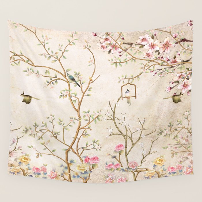 Chinoiserie Cherry Blossom Bird Garden Fresco Wall Tapestry Gallery Image 1