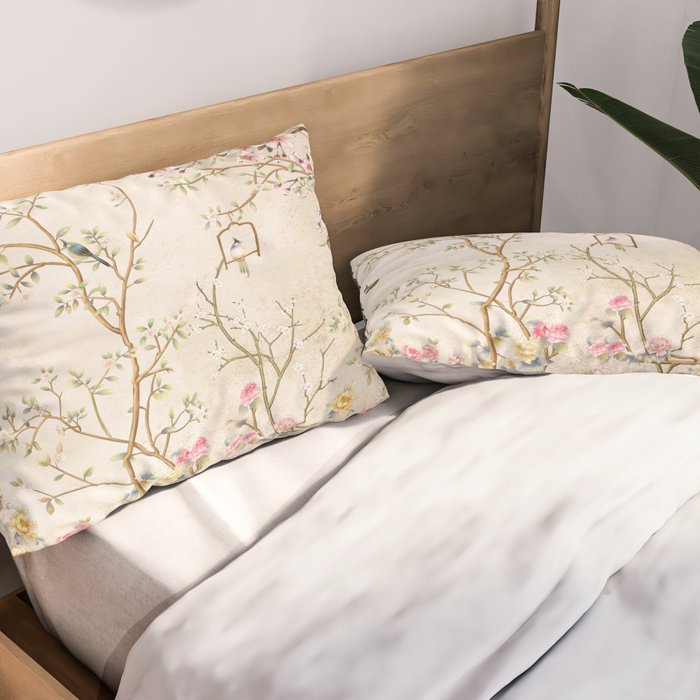 Chinoiserie Cherry Blossom Bird Garden Fresco Pillow Sham Gallery Image 2