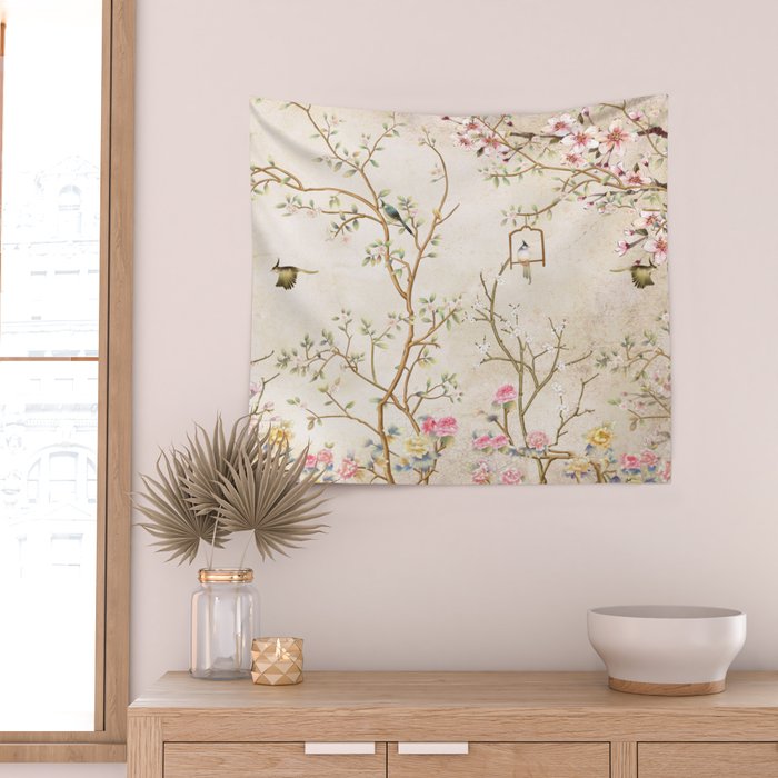 Chinoiserie Cherry Blossom Bird Garden Fresco Wall Tapestry Gallery Image 2