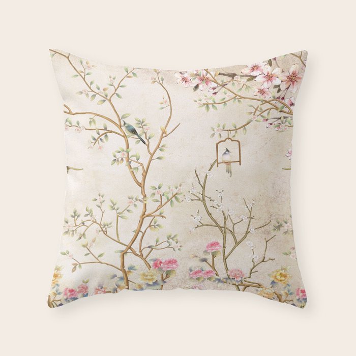 Chinoiserie Cherry Blossom Bird Garden Fresco Throw Pillow Gallery Image 6