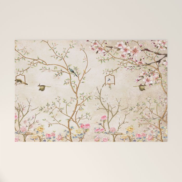 Chinoiserie Cherry Blossom Bird Garden Fresco Welcome Mat Gallery Image 1