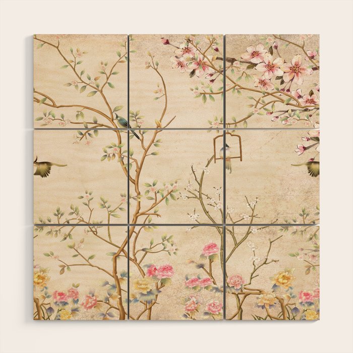 Chinoiserie Cherry Blossom Bird Garden Fresco Wood Wall Art Gallery Image 1