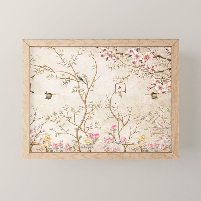 Chinoiserie Cherry Blossom Bird Garden Fresco Mini Art Print Gallery Image 1