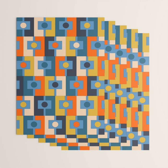 Rektangel Retro Contemporary Geometric Pattern Blue Orange Mustard Wrapping Paper Gallery Image 3