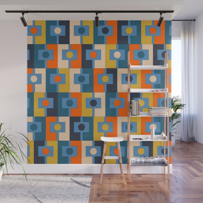 Rektangel Retro Contemporary Geometric Pattern Blue Orange Mustard Wall Mural Gallery Image 1