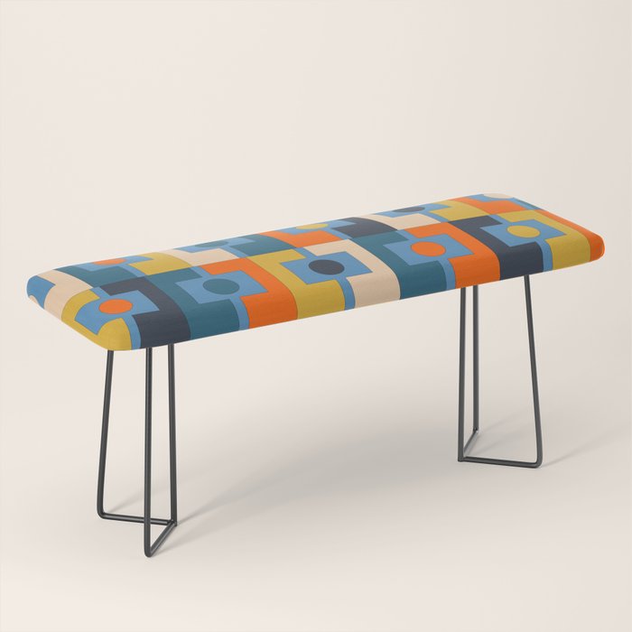 Rektangel Retro Contemporary Geometric Pattern Blue Orange Mustard Bench Gallery Image 1