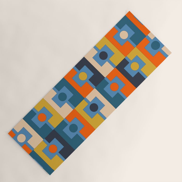 Rektangel Retro Contemporary Geometric Pattern Blue Orange Mustard Yoga Mat Gallery Image 1