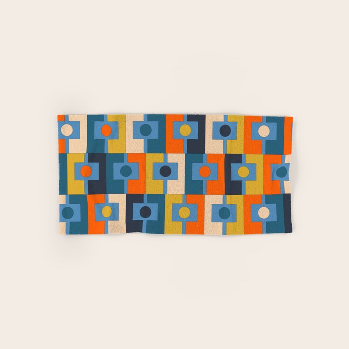 Rektangel Retro Contemporary Geometric Pattern Blue Orange Mustard Bath Towel Gallery Image 1