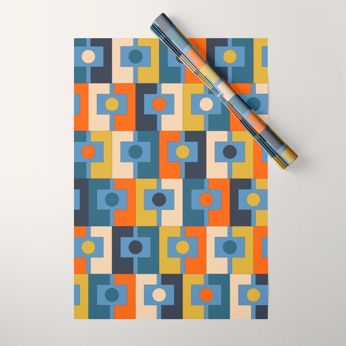 Rektangel Retro Contemporary Geometric Pattern Blue Orange Mustard Wrapping Paper Gallery Image 1