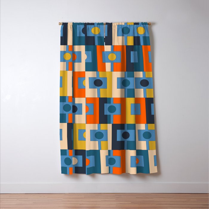 Rektangel Retro Contemporary Geometric Pattern Blue Orange Mustard Window Curtain Gallery Image 3