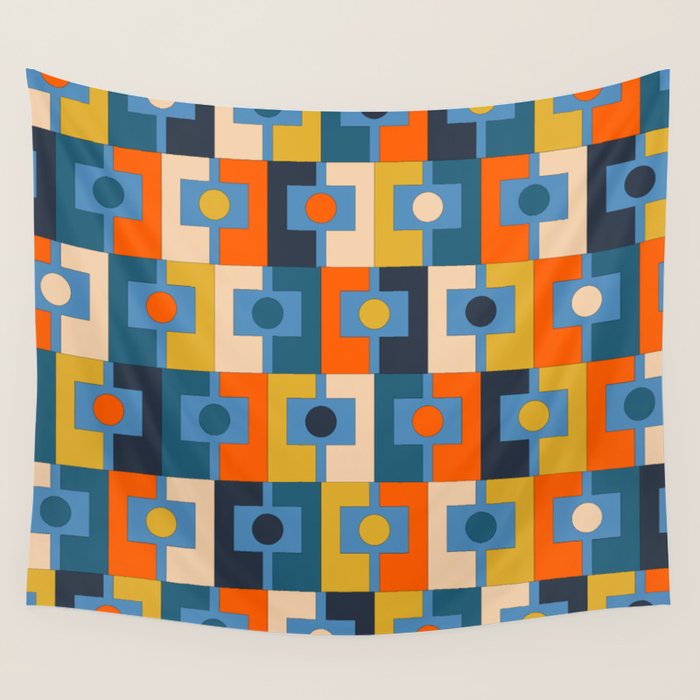 Rektangel Retro Contemporary Geometric Pattern Blue Orange Mustard Wall Tapestry Gallery Image 1
