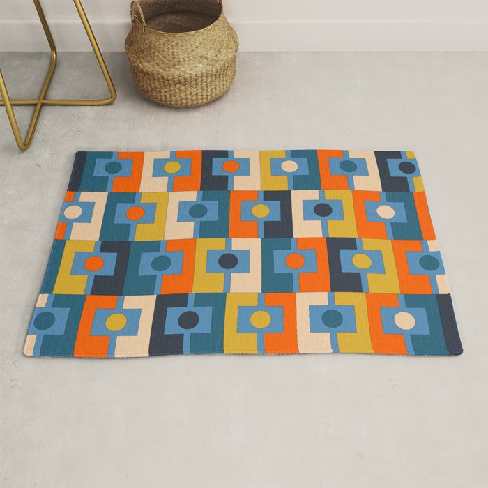 Rektangel Retro Contemporary Geometric Pattern Blue Orange Mustard Rug Gallery Image 1