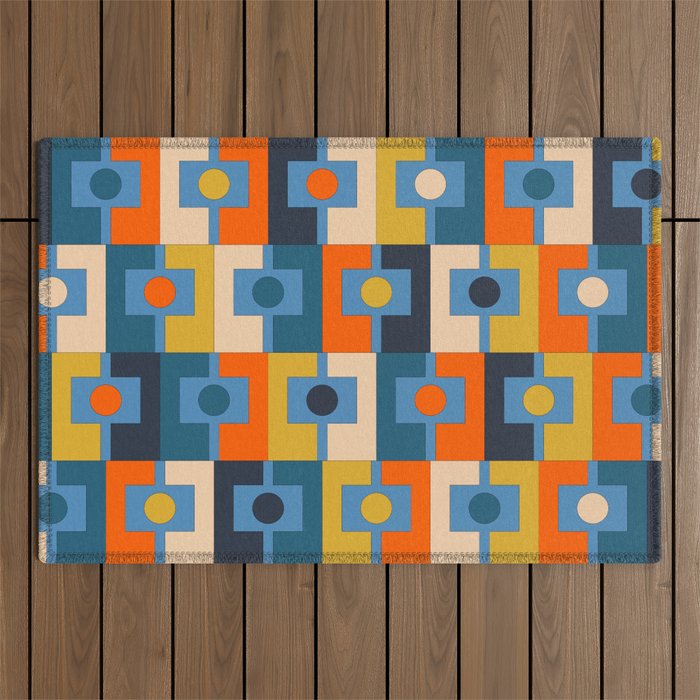 Rektangel Retro Contemporary Geometric Pattern Blue Orange Mustard Outdoor Rug Gallery Image 1