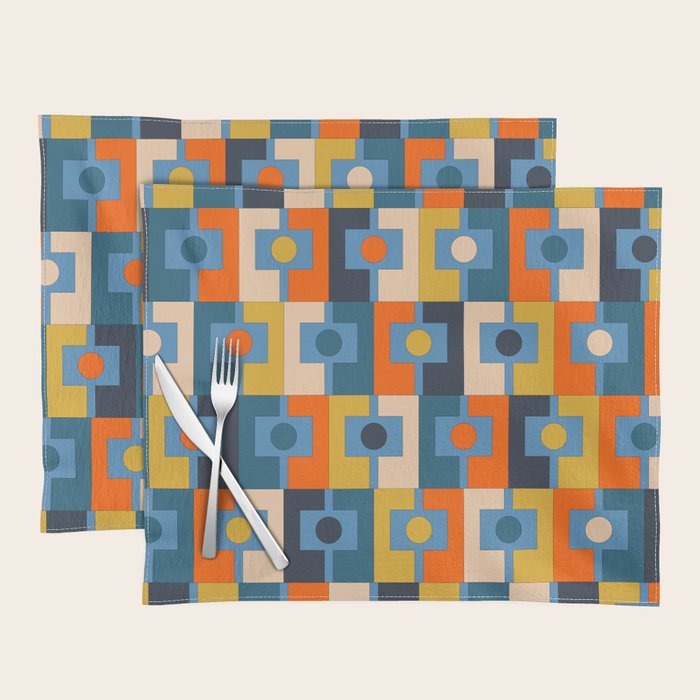 Rektangel Retro Contemporary Geometric Pattern Blue Orange Mustard Placemat Gallery Image 1