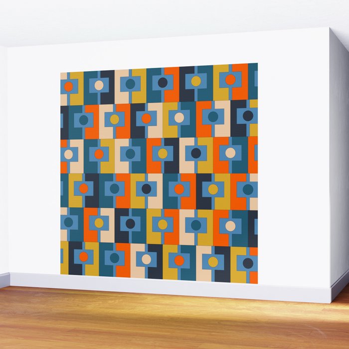 Rektangel Retro Contemporary Geometric Pattern Blue Orange Mustard Wall Mural Gallery Image 2