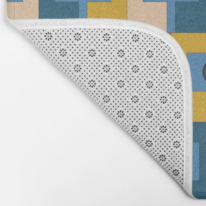 Rektangel Retro Contemporary Geometric Pattern Blue Orange Mustard Bath Mat Gallery Image 2