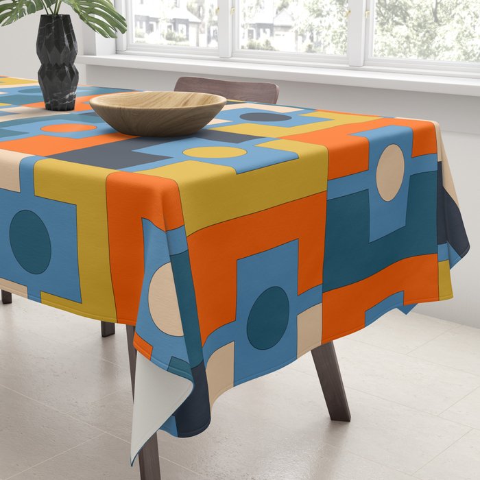 Rektangel Retro Contemporary Geometric Pattern Blue Orange Mustard Tablecloth Gallery Image 3