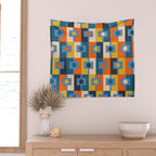 Rektangel Retro Contemporary Geometric Pattern Blue Orange Mustard Wall Tapestry Gallery Image 2