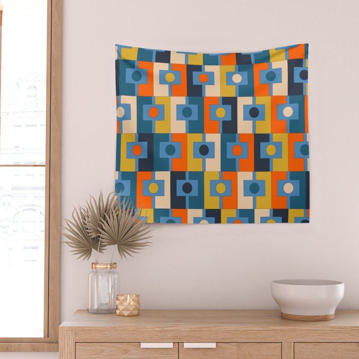 Rektangel Retro Contemporary Geometric Pattern Blue Orange Mustard Wall Tapestry Gallery Image 2