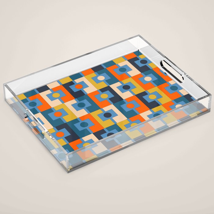 Rektangel Retro Contemporary Geometric Pattern Blue Orange Mustard Acrylic Tray Gallery Image 1