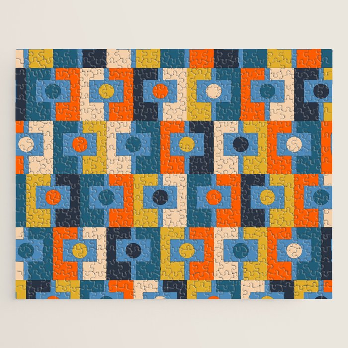Rektangel Retro Contemporary Geometric Pattern Blue Orange Mustard Jigsaw Puzzle Gallery Image 1