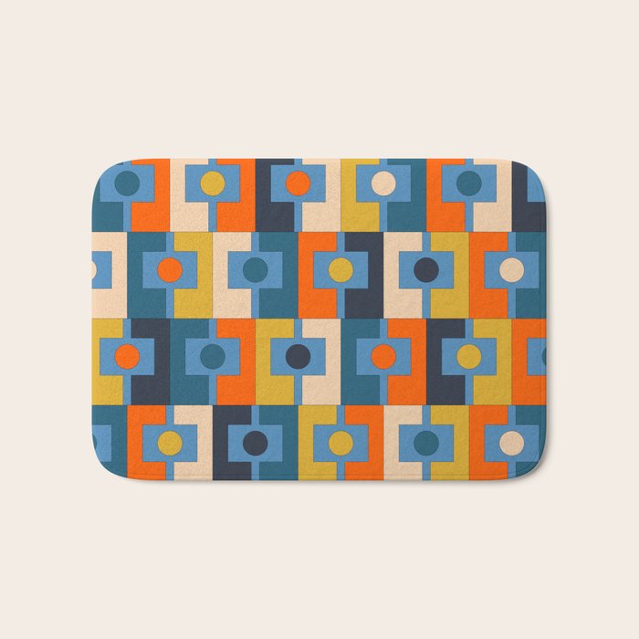 Rektangel Retro Contemporary Geometric Pattern Blue Orange Mustard Bath Mat Gallery Image 1