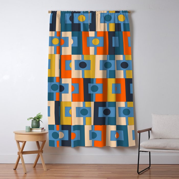Rektangel Retro Contemporary Geometric Pattern Blue Orange Mustard Window Curtain Gallery Image 5