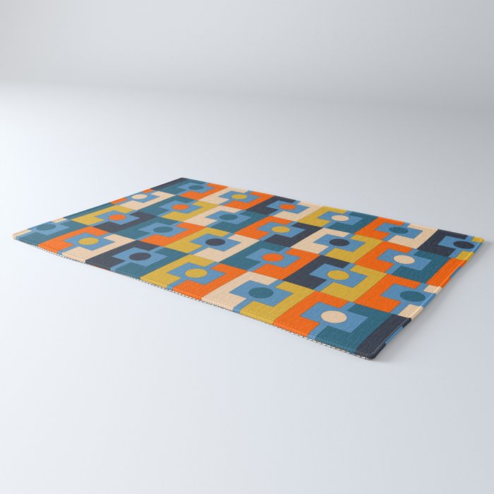 Rektangel Retro Contemporary Geometric Pattern Blue Orange Mustard Rug Gallery Image 3