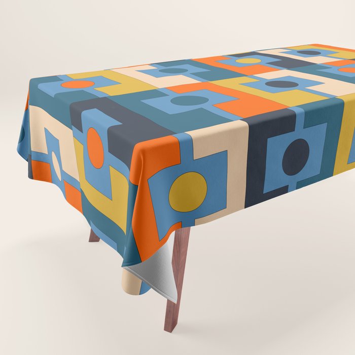 Rektangel Retro Contemporary Geometric Pattern Blue Orange Mustard Tablecloth Gallery Image 1