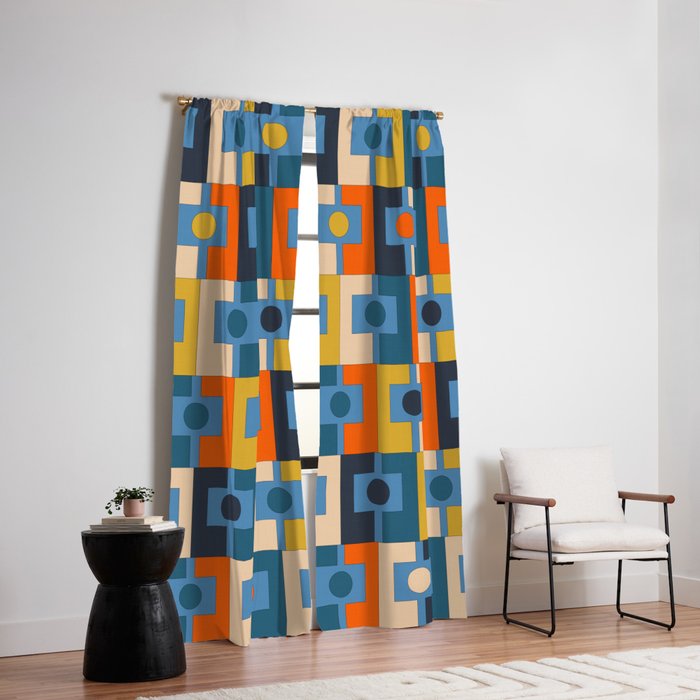 Rektangel Retro Contemporary Geometric Pattern Blue Orange Mustard Window Curtain Gallery Image 2