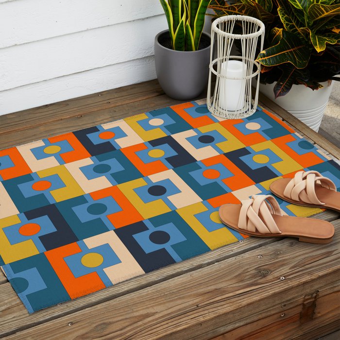 Rektangel Retro Contemporary Geometric Pattern Blue Orange Mustard Outdoor Rug Gallery Image 2