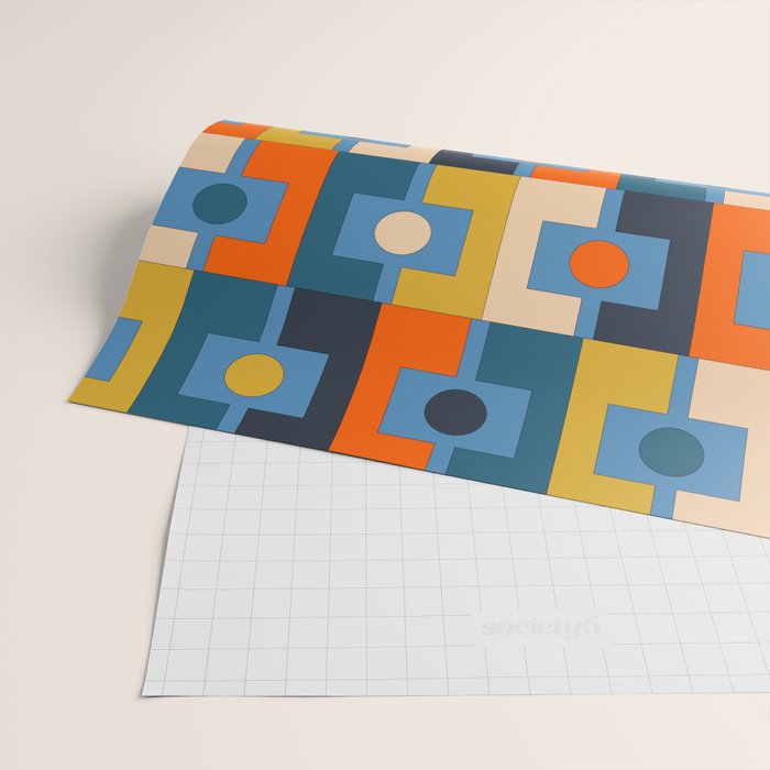 Rektangel Retro Contemporary Geometric Pattern Blue Orange Mustard Wrapping Paper Gallery Image 2