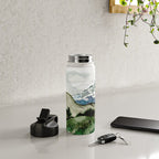 Field of flowers and mountains dreamy watercolor, landscape painting Water Bottle Gallery Image 4