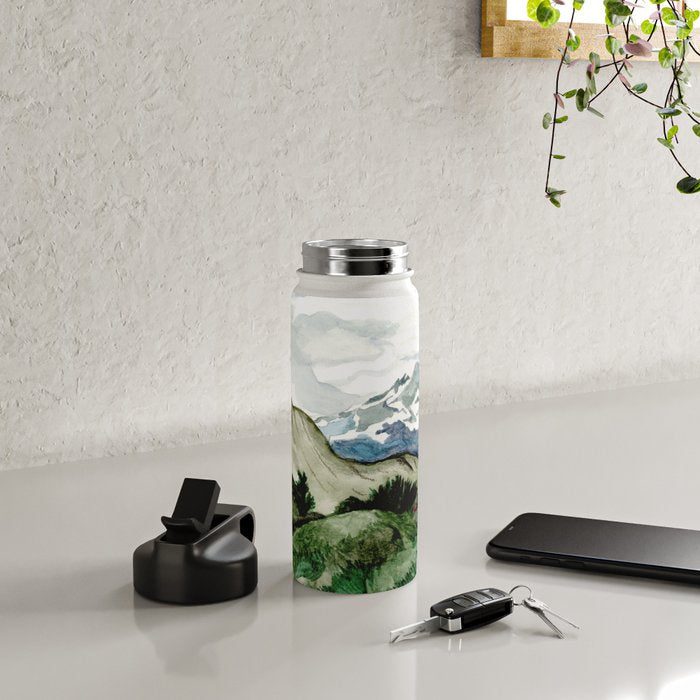 Field of flowers and mountains dreamy watercolor, landscape painting Water Bottle Gallery Image 4