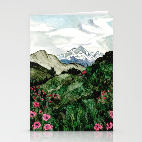 Field of flowers and mountains dreamy watercolor, landscape painting Stationery Card Gallery Image 1