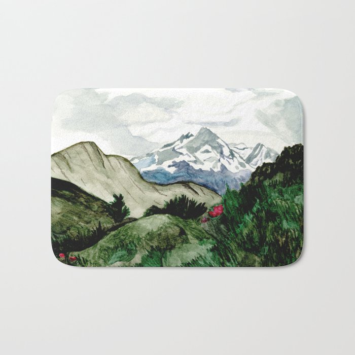 Field of flowers and mountains dreamy watercolor, landscape painting Bath Mat Gallery Image 1