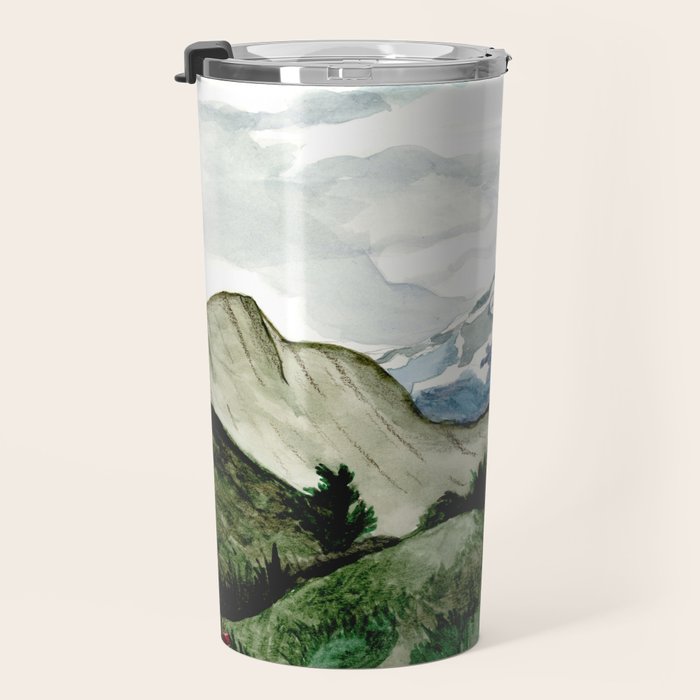 Field of flowers and mountains dreamy watercolor, landscape painting Travel Mug Gallery Image 3