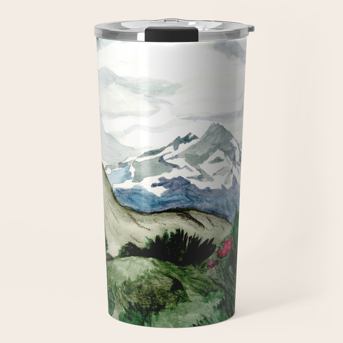 Field of flowers and mountains dreamy watercolor, landscape painting Travel Mug Gallery Image 1
