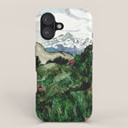 Field of flowers and mountains dreamy watercolor, landscape painting iPhone Case Gallery Image 1