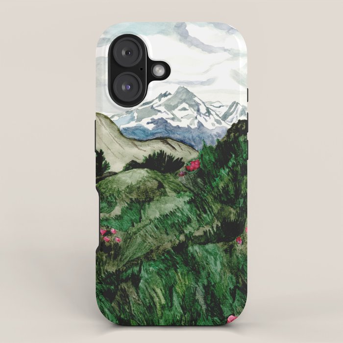 Field of flowers and mountains dreamy watercolor, landscape painting iPhone Case Gallery Image 1