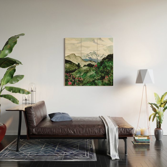 Field of flowers and mountains dreamy watercolor, landscape painting Wood Wall Art Gallery Image 2
