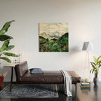 Field of flowers and mountains dreamy watercolor, landscape painting Wood Wall Art Gallery Image 2