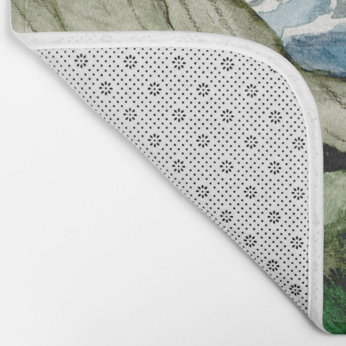 Field of flowers and mountains dreamy watercolor, landscape painting Bath Mat Gallery Image 2