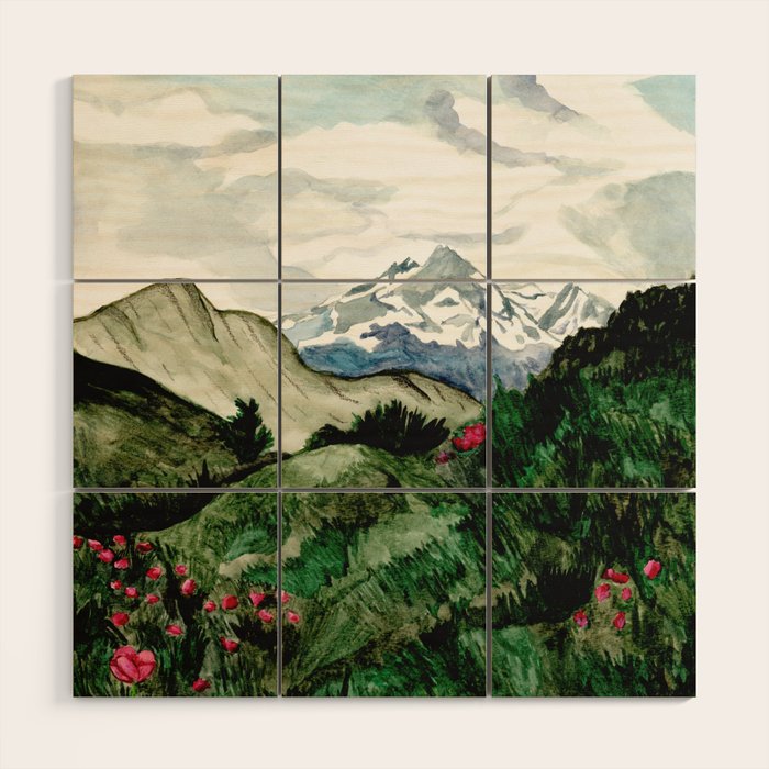 Field of flowers and mountains dreamy watercolor, landscape painting Wood Wall Art Gallery Image 1