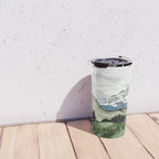 Field of flowers and mountains dreamy watercolor, landscape painting Travel Mug Gallery Image 4