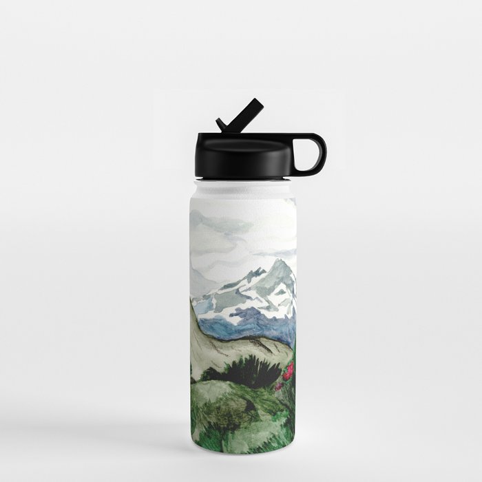 Field of flowers and mountains dreamy watercolor, landscape painting Water Bottle Gallery Image 1