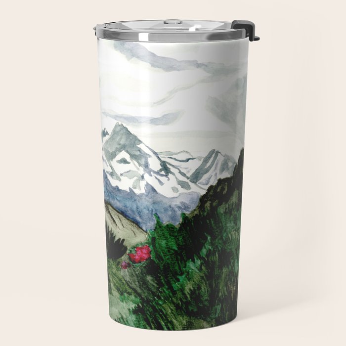 Field of flowers and mountains dreamy watercolor, landscape painting Travel Mug Gallery Image 2