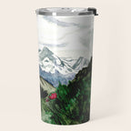 Field of flowers and mountains dreamy watercolor, landscape painting Travel Mug Gallery Image 2