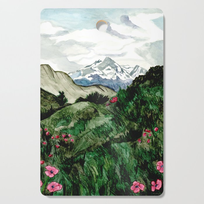 Field of flowers and mountains dreamy watercolor, landscape painting Cutting Board Gallery Image 1
