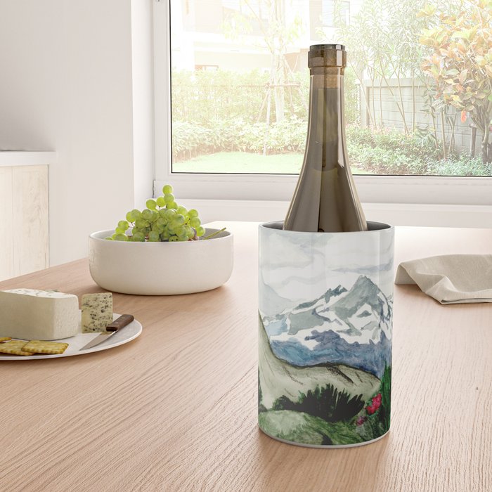 Field of flowers and mountains dreamy watercolor, landscape painting Wine Chiller Gallery Image 4